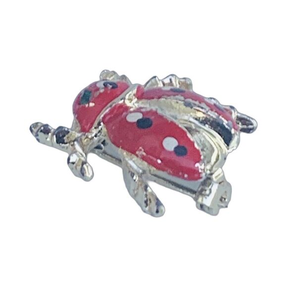 Vintage Red Ladybug Brooch Pin 1" Gold Tone Polka Dot Enamel Cute - Picture 5 of 8
